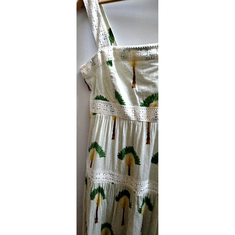 Calypso St. Barth Dress L Maxi Tiered Palm Trees Crochet Lace Straps Cream/Green - Picture 11 of 15